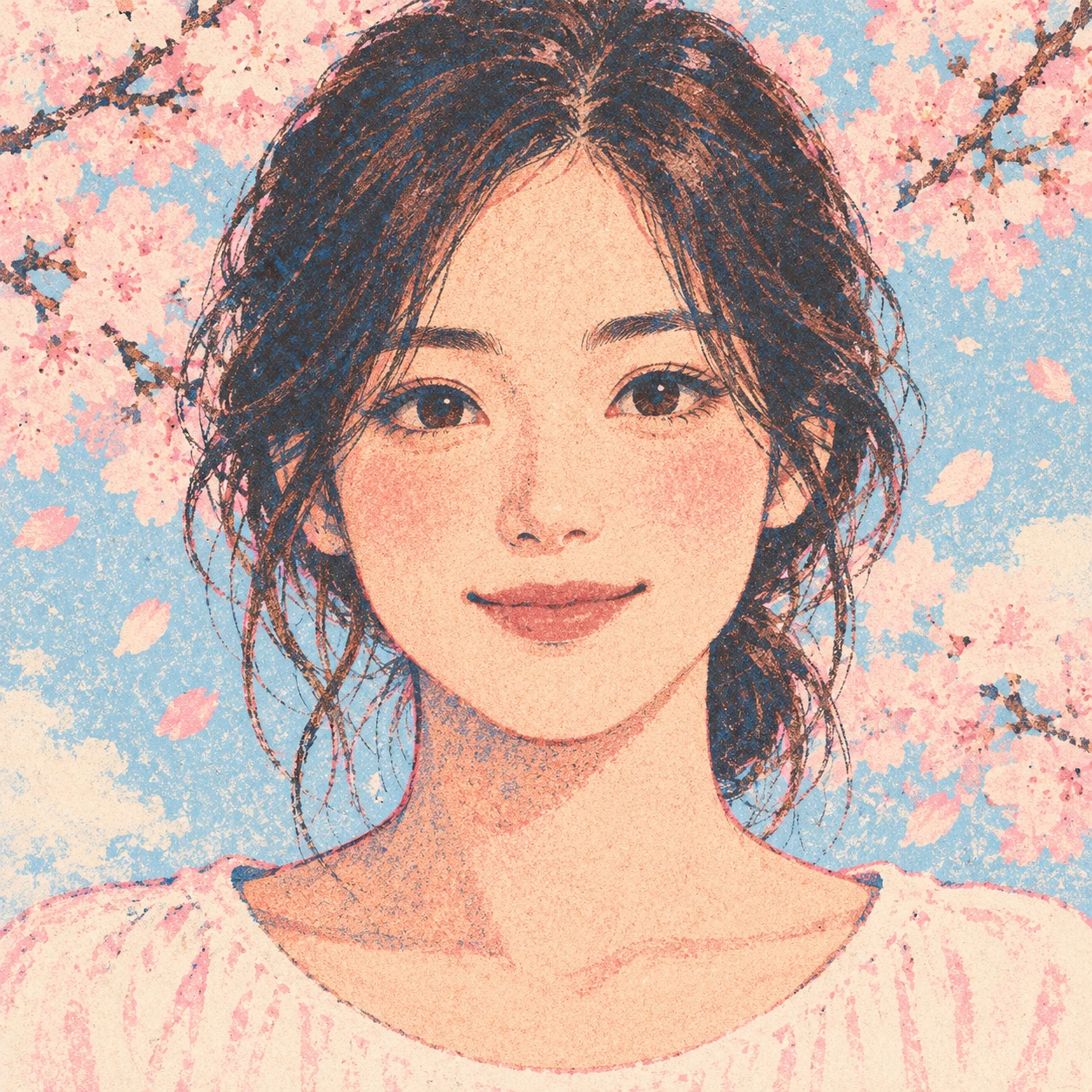 Profile picture of a woman among cherry blossoms (retro print)