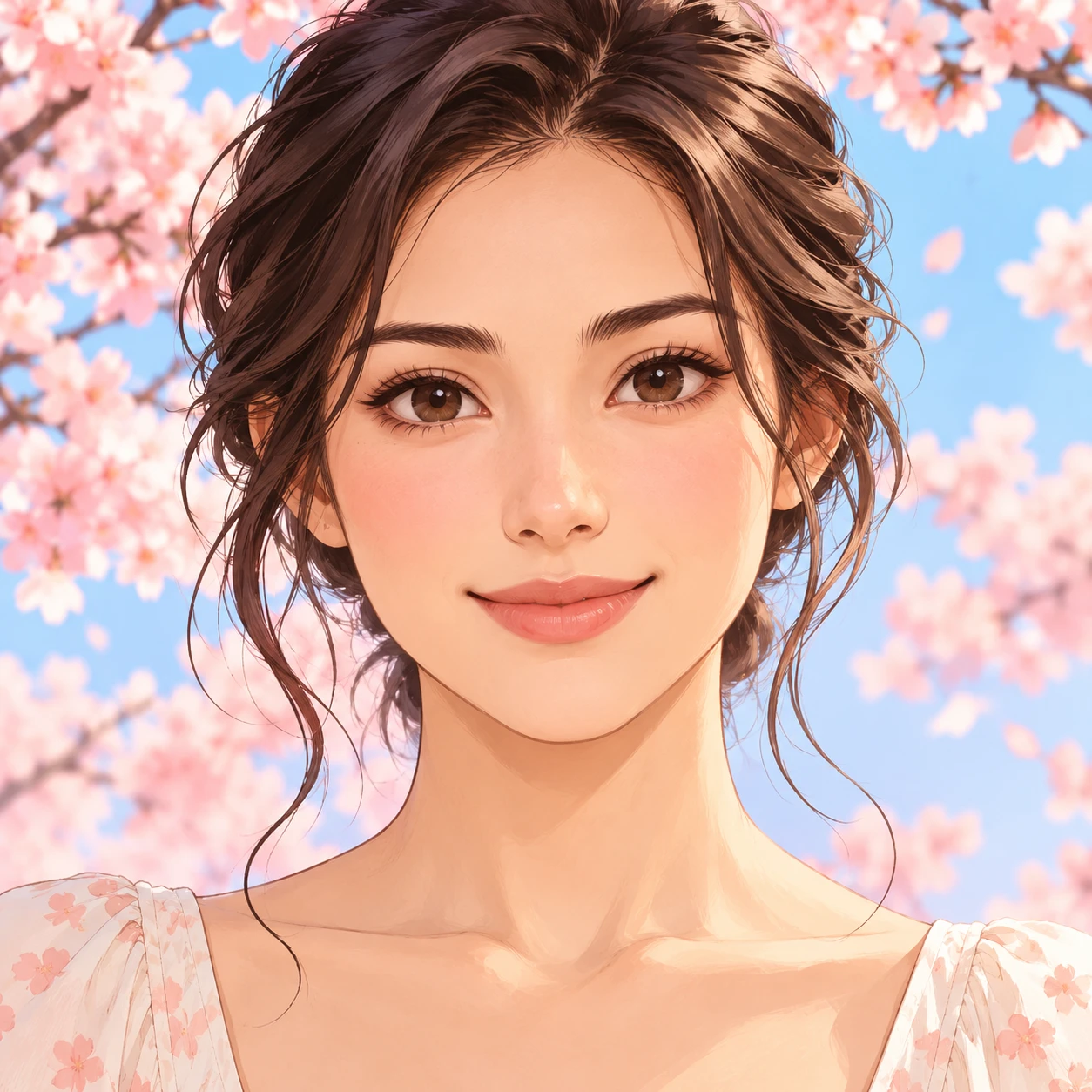 Profile picture of a woman among cherry blossoms (bold graphic)