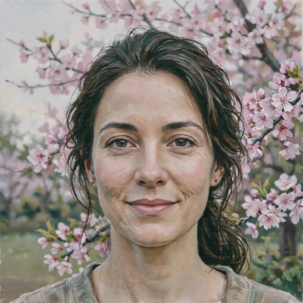 Profile picture of a woman among cherry blossoms (gouache)