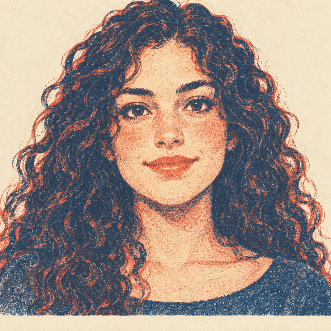 Profile picture of a woman with long curly hair (retro print)
