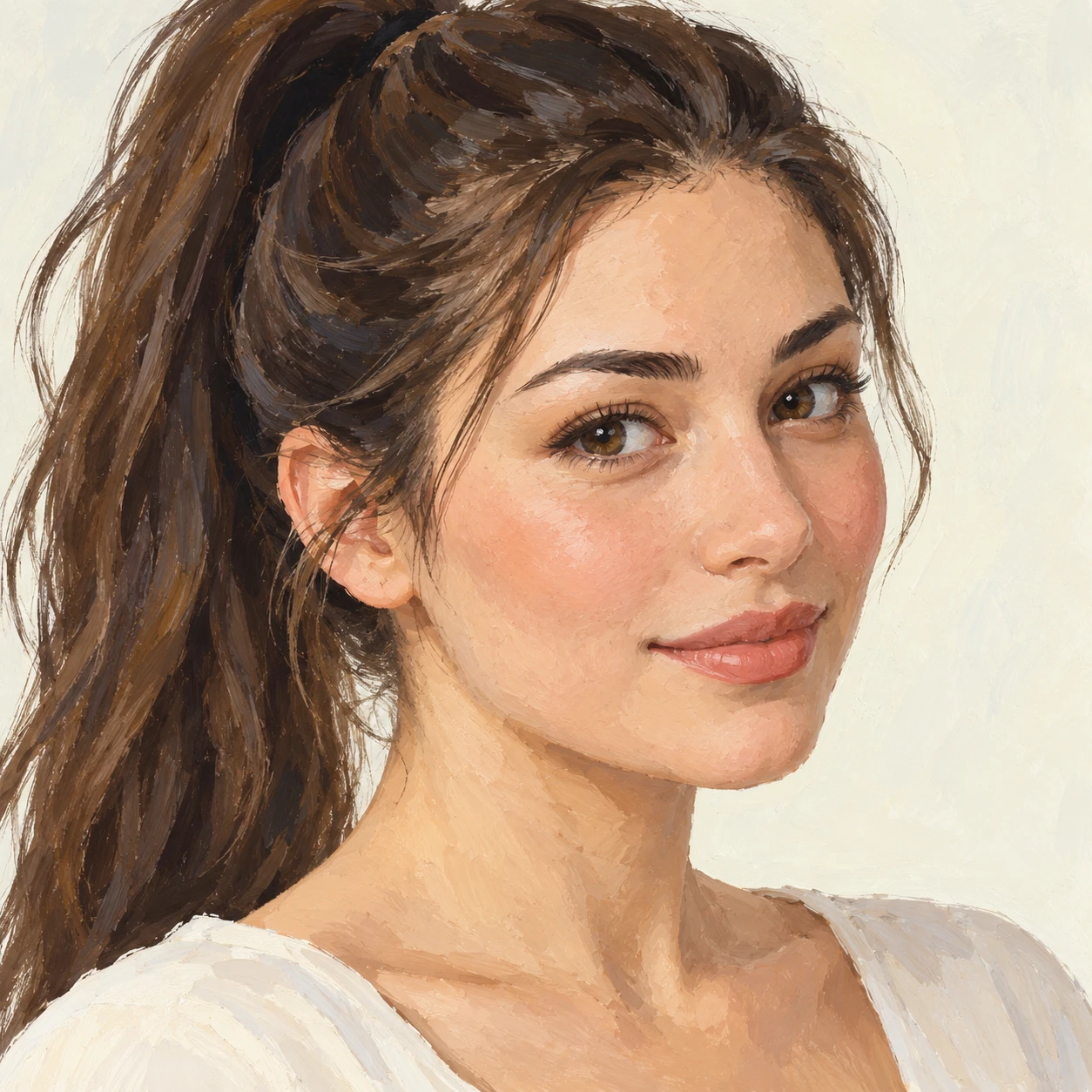 Profile picture of a woman with a ponytail at a three-quarter angle (gouache)