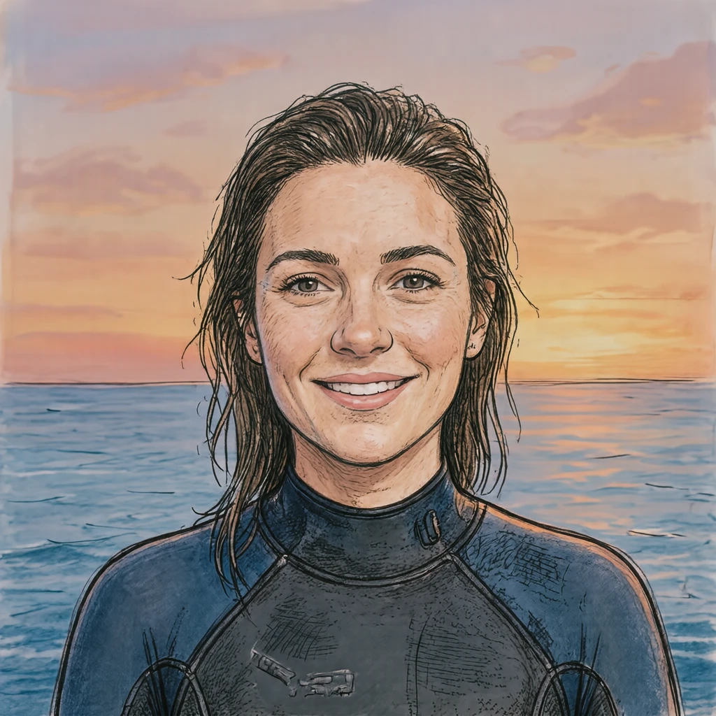 サーフィン姿の女性のプロフィールアイコン（手描き風）