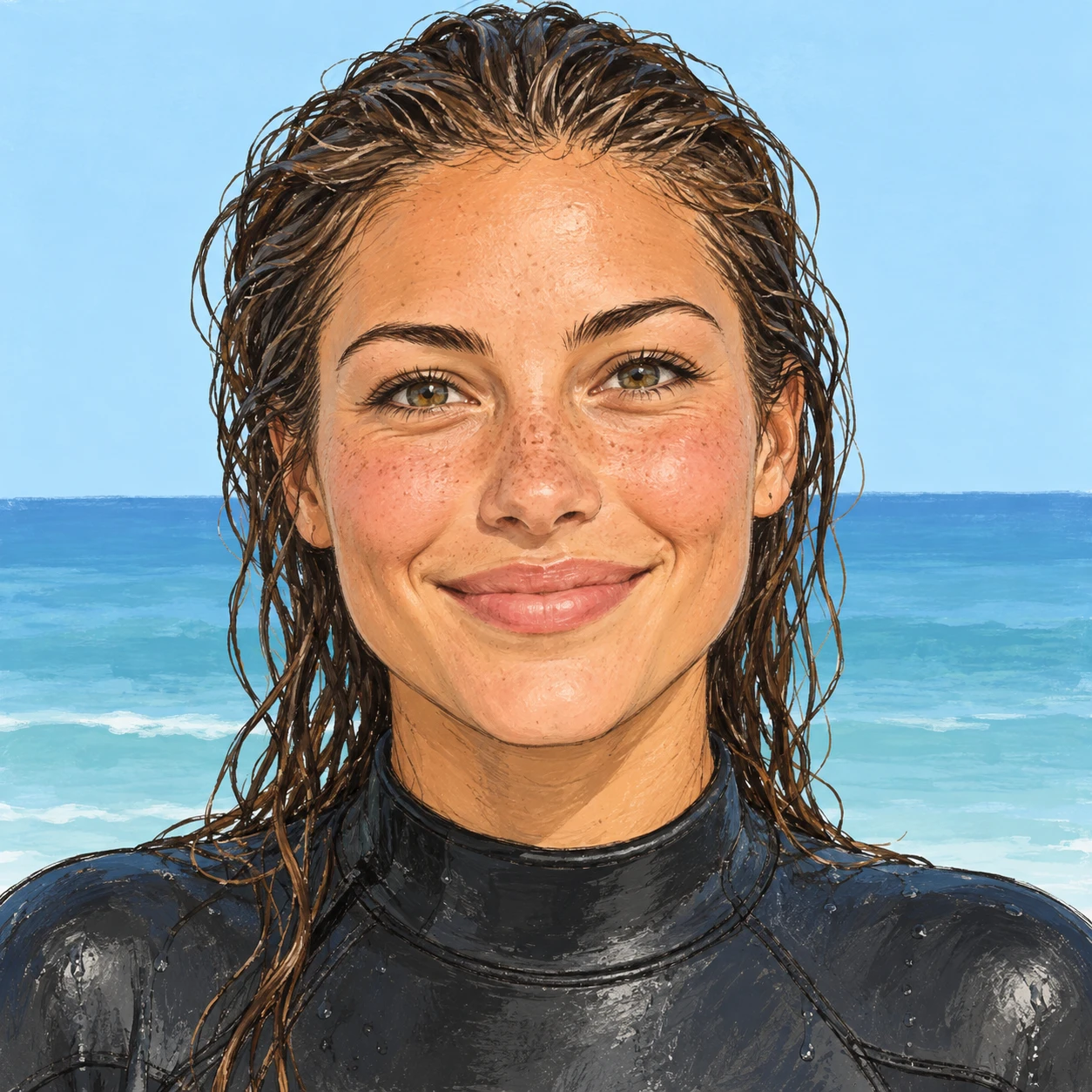 Profile picture of a woman dressed for surfing (hand-drawn)