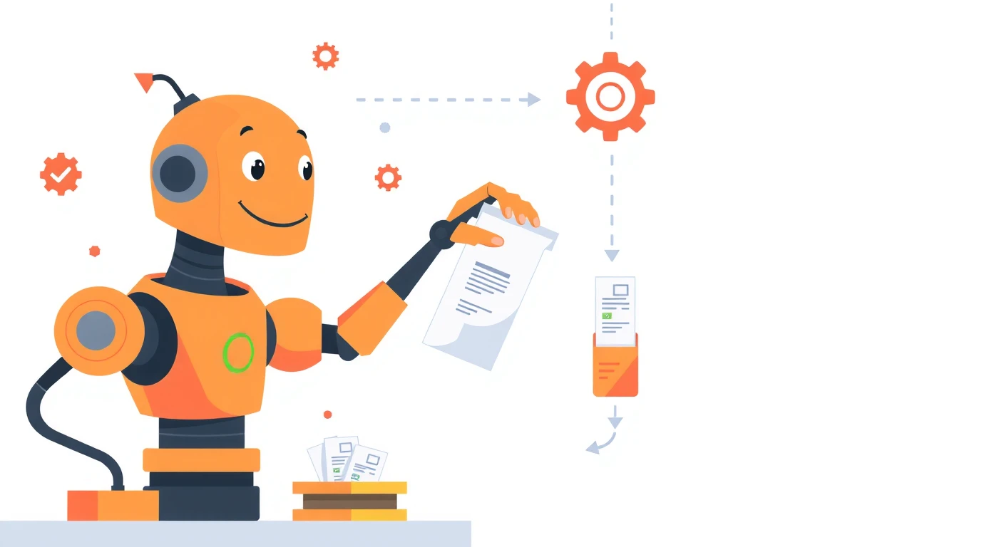 定型業務を自動化するロボットと会社員のフラットイラスト