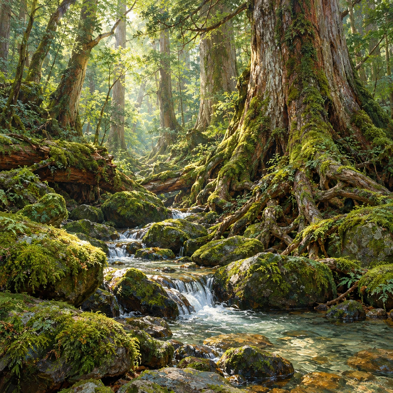 世界遺産・屋久島の苔むした森のイラスト（油彩）
