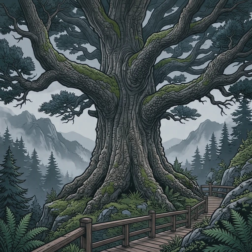 Illustration of Jomon Sugi, the giant ancient cedar of Yakushima, a World Heritage Site (bold graphic)