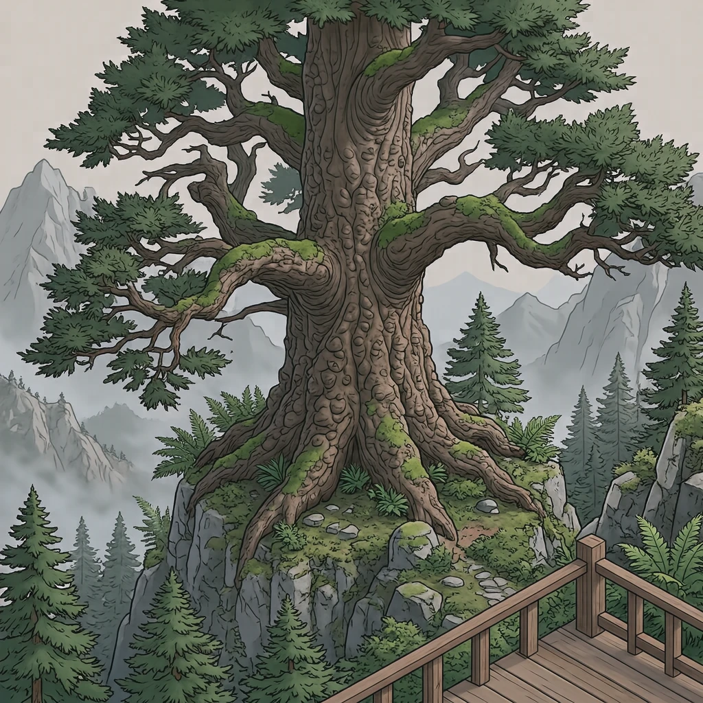 Illustration of Jomon Sugi, the giant ancient cedar of Yakushima, a World Heritage Site (isometric)