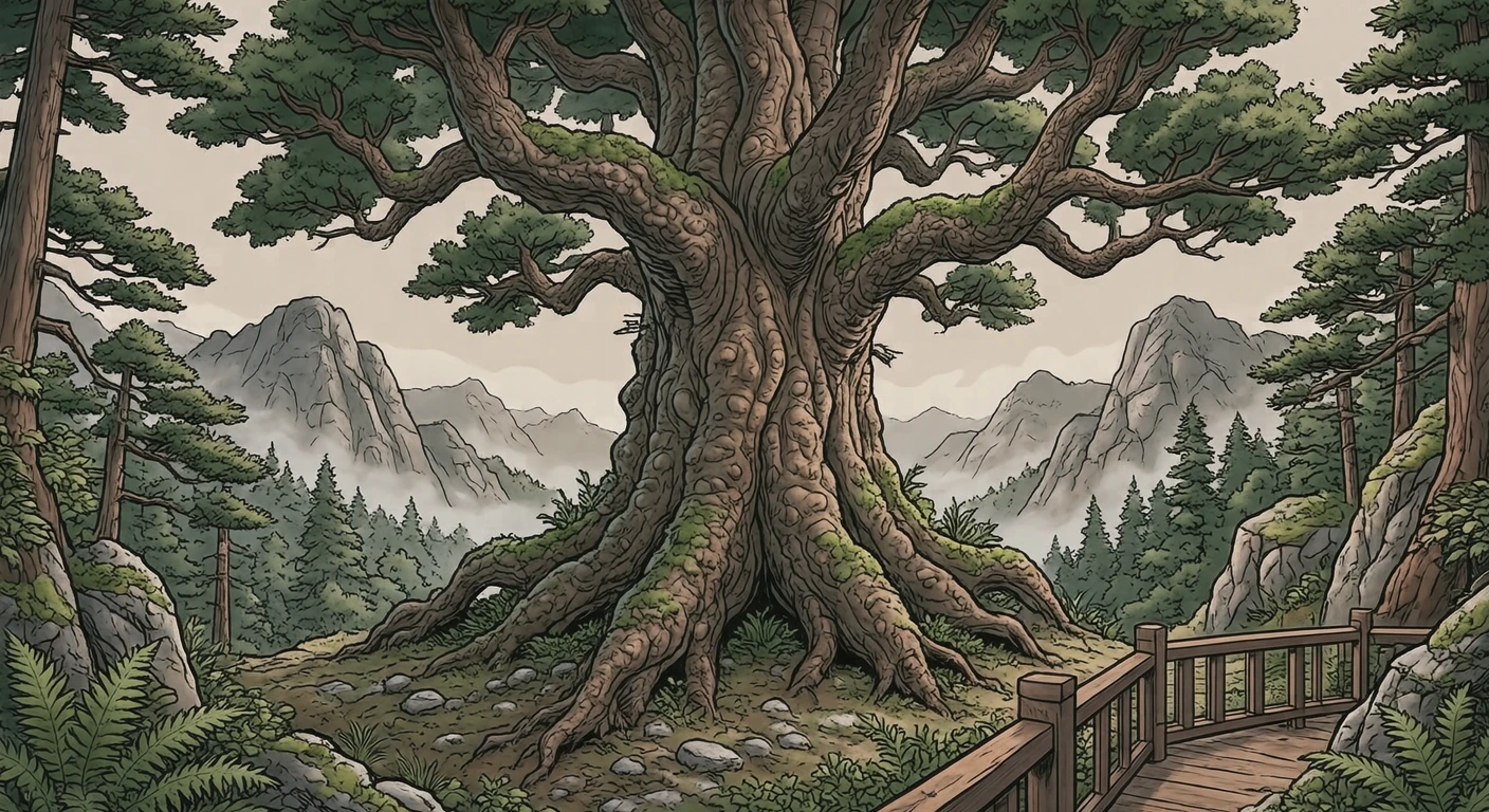 Illustration of Jomon Sugi, the giant ancient cedar of Yakushima, a World Heritage Site (anime cel-shaded)