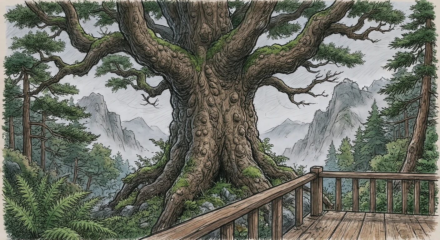 Illustration of Jomon Sugi, the giant ancient cedar of Yakushima, a World Heritage Site (hand-drawn)