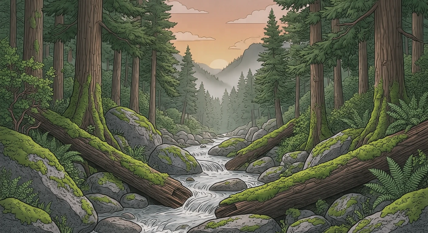 世界遺産・屋久島の苔むした渓流のイラスト(シンプル線画)