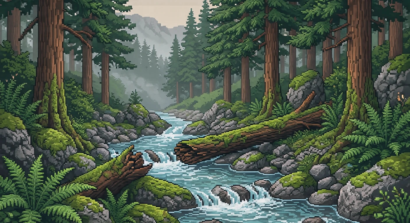 世界遺産・屋久島の苔むした渓流のイラスト(ドット絵)