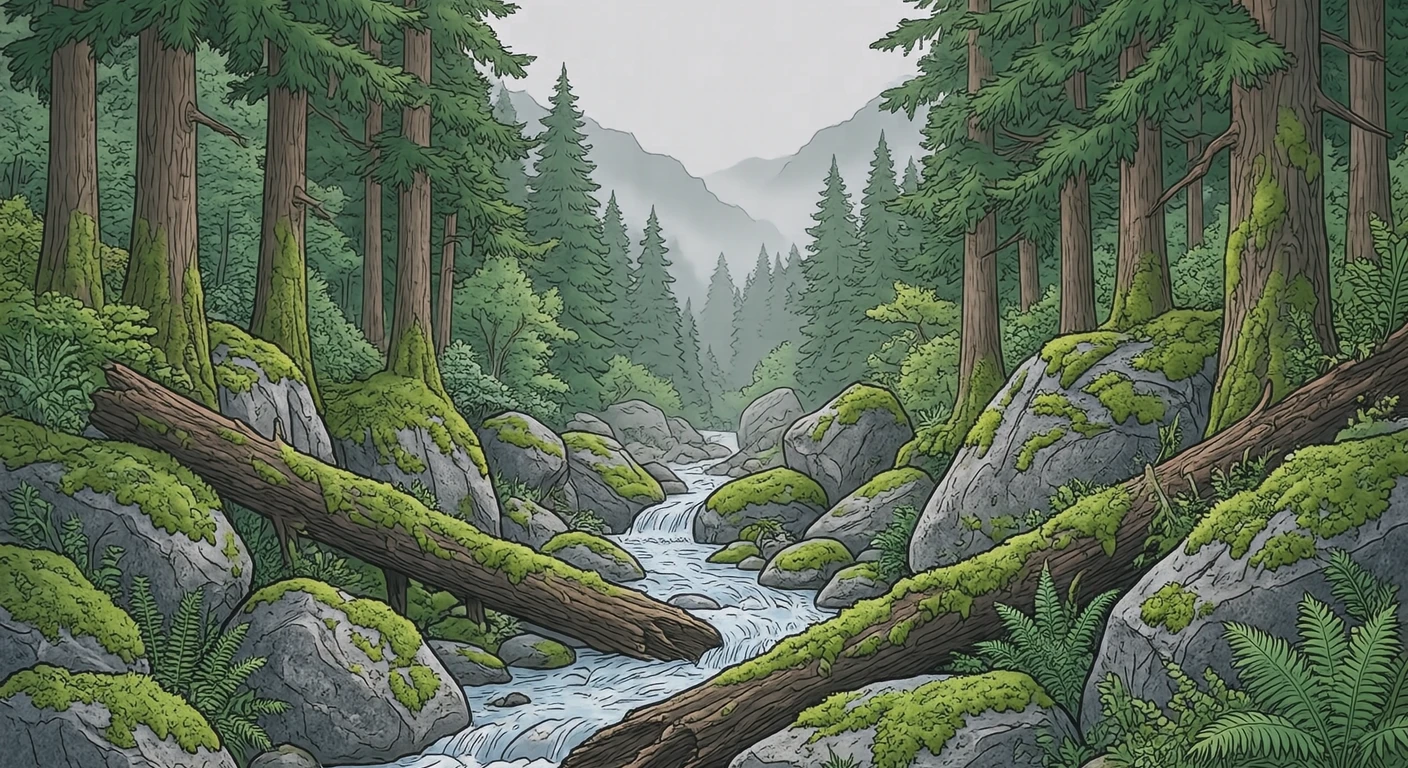 世界遺産・屋久島の苔むした渓流のイラスト(シンプル線画)
