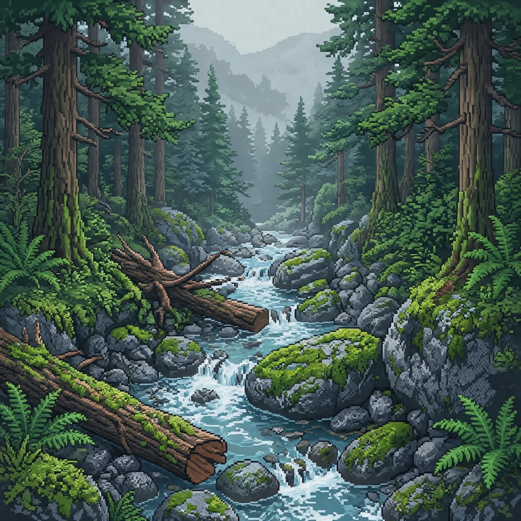 世界遺産・屋久島の苔むした渓流のイラスト(ドット絵)