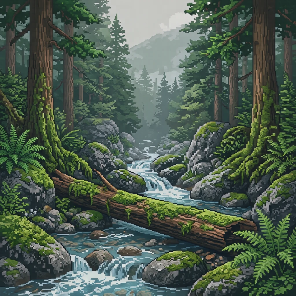 世界遺産・屋久島の苔むした渓流のイラスト(ドット絵)