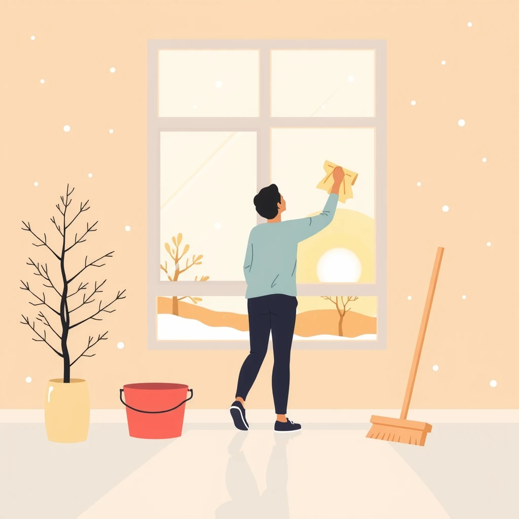 年末の大掃除で窓を拭く人のフラットイラスト