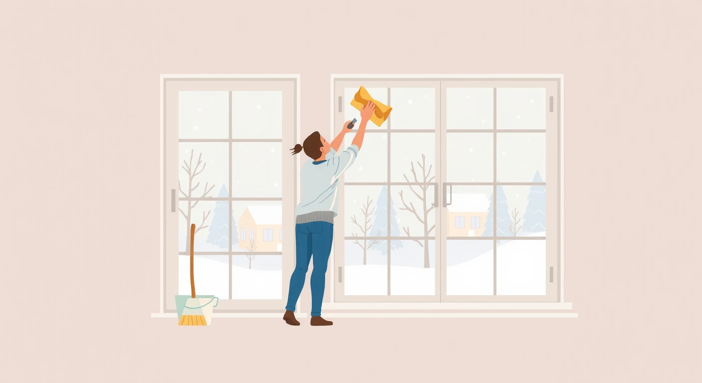 年末の大掃除で窓を拭く人のフラットイラスト