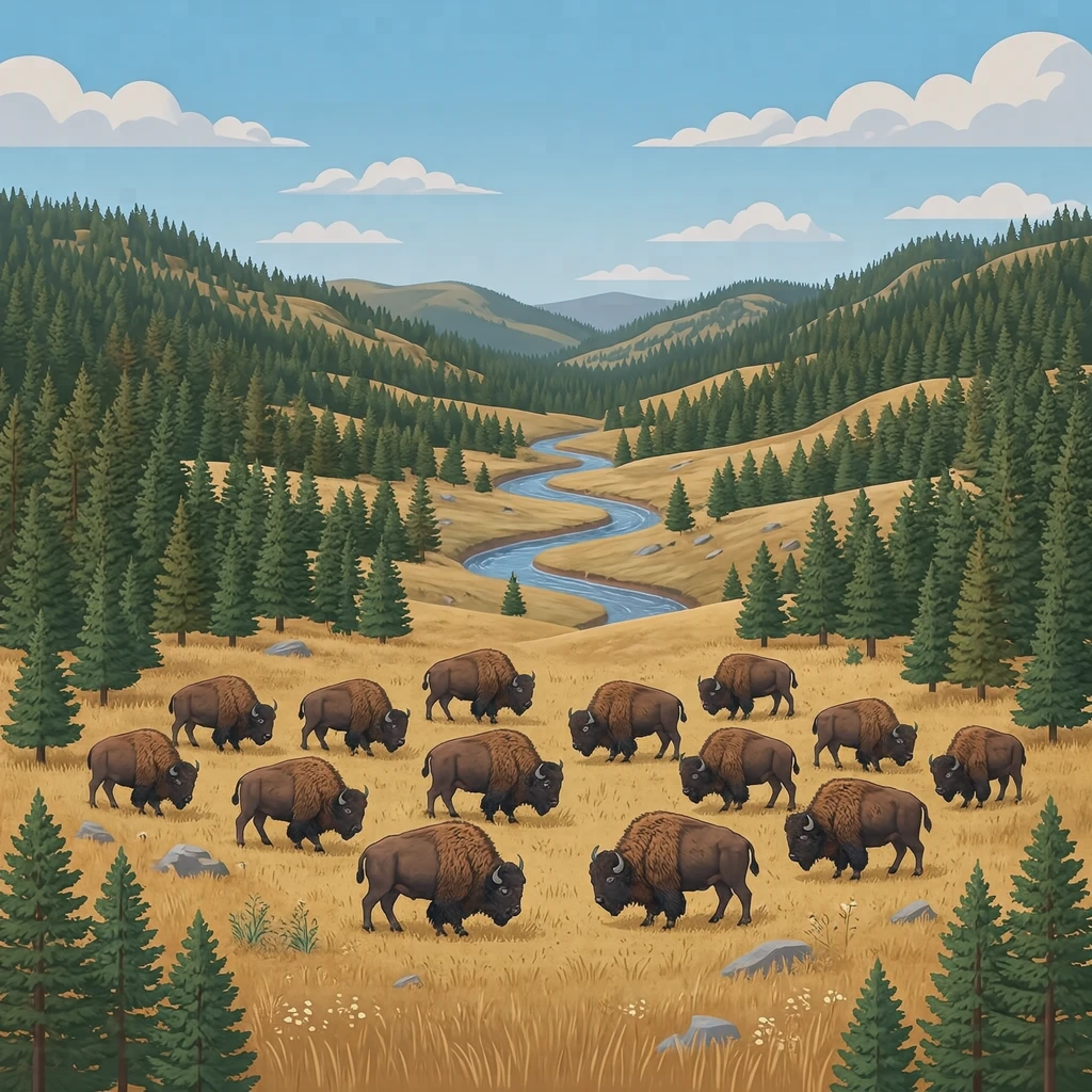 Illustration of bison in Yellowstone, a World Heritage Site (isometric)
