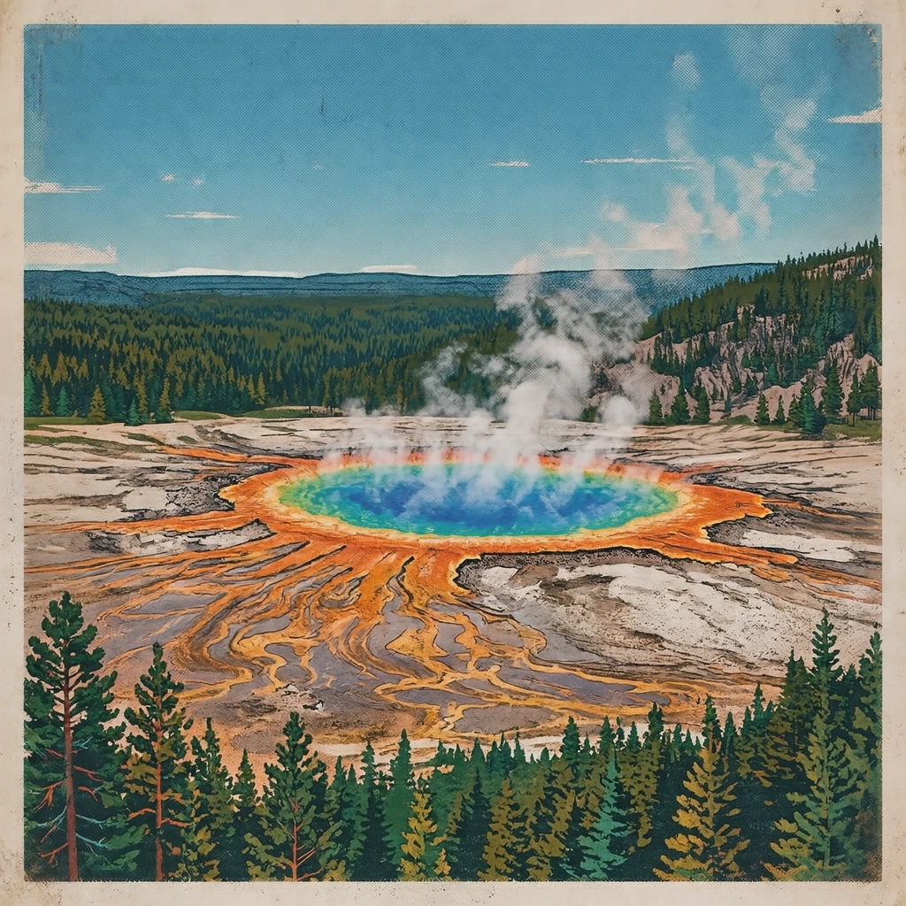 Illustration of Grand Prismatic Spring in Yellowstone, a World Heritage Site (retro print)